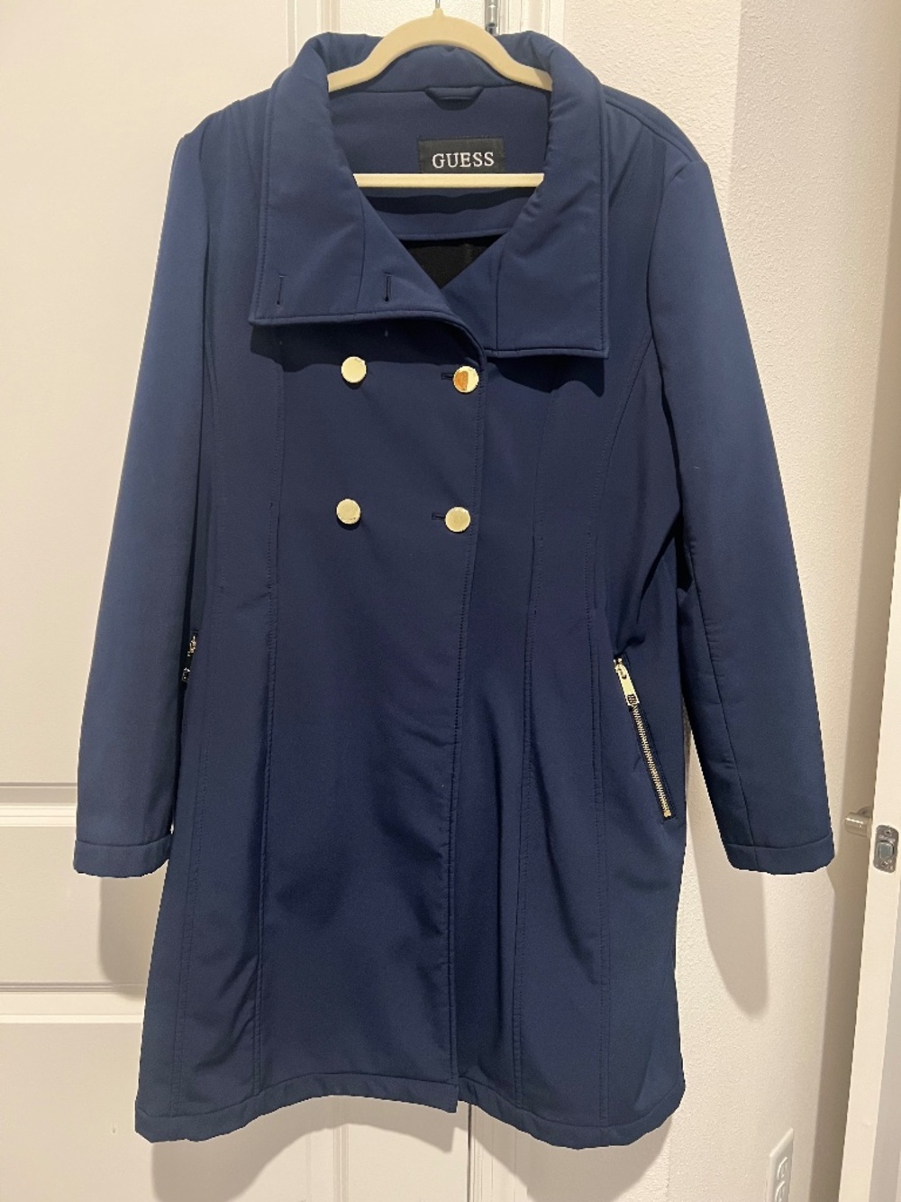 GUESS Navy Blue Blazer Jacket XXL Stretch Gold Zipper